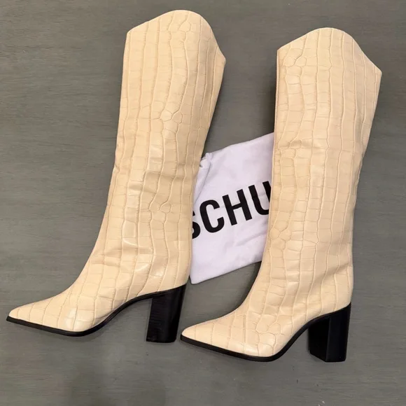 SCHUTZ Maryana Block Heel Boot Ivory Croc Embossed Leather Cowboy Knee High 6B - Picture 2 of 12